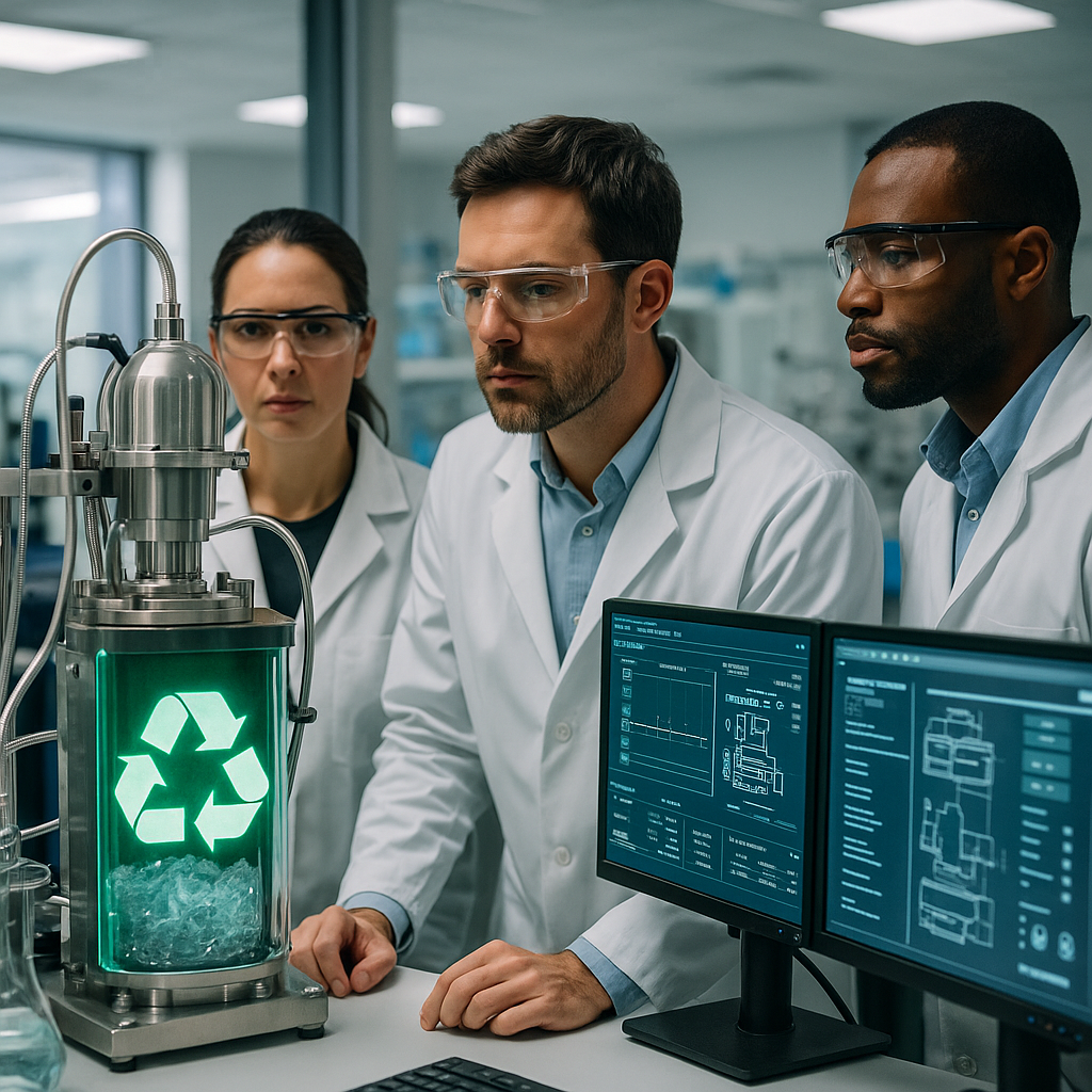 Futuristic Recycling Technology in a Modern Laboratory Scientists examining advanced recycling equipment and digital monitors in a modern laboratory focused on futuristic recycling technology.