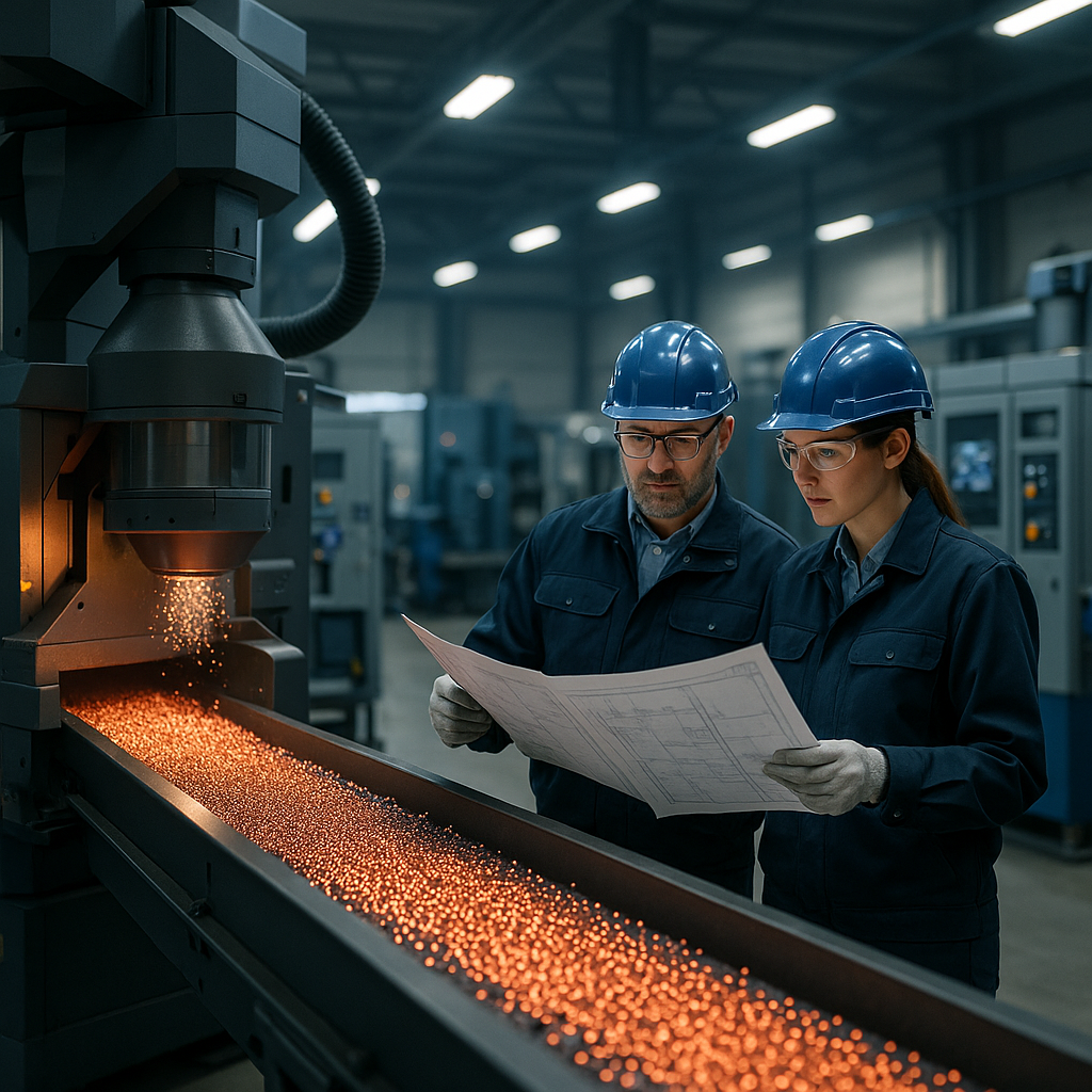 Modern metal granulation facility with advanced machinery and glowing metal granules.