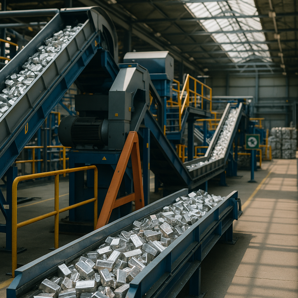 A modern recycling facility featuring automated machinery and conveyors transporting shiny refined metals, illuminated by sunlight streaming through a glass roof.