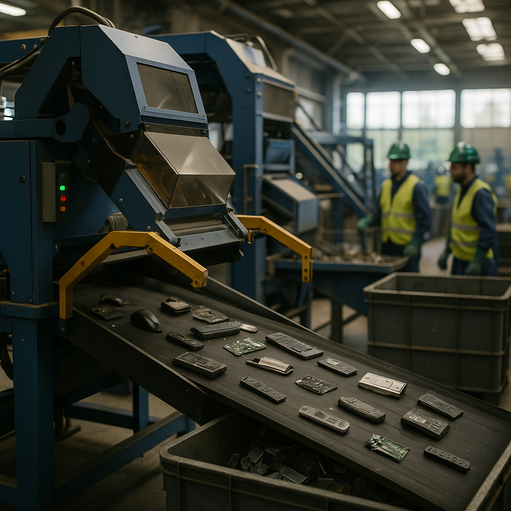 Advanced Recycling Facility Modern recycling facility with advanced automated sorting machines processing electronic waste under natural lighting.