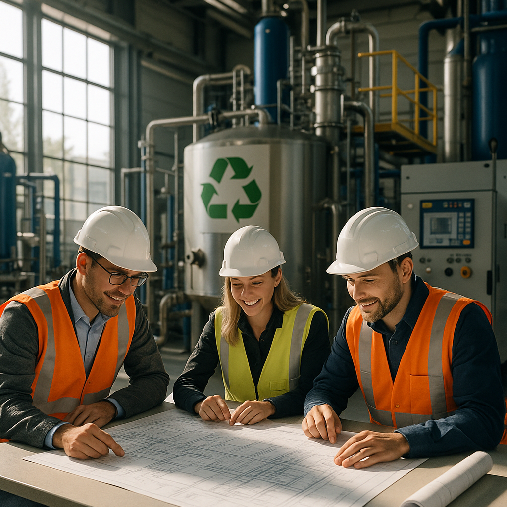 Modern recycling facility with advanced electrolysis equipment and engineers reviewing blueprints under sunlight.