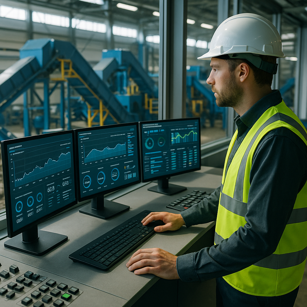 A modern recycling facility manager supervising digital monitors and automated machines processing scrap metal in a bright, technologically advanced environment.