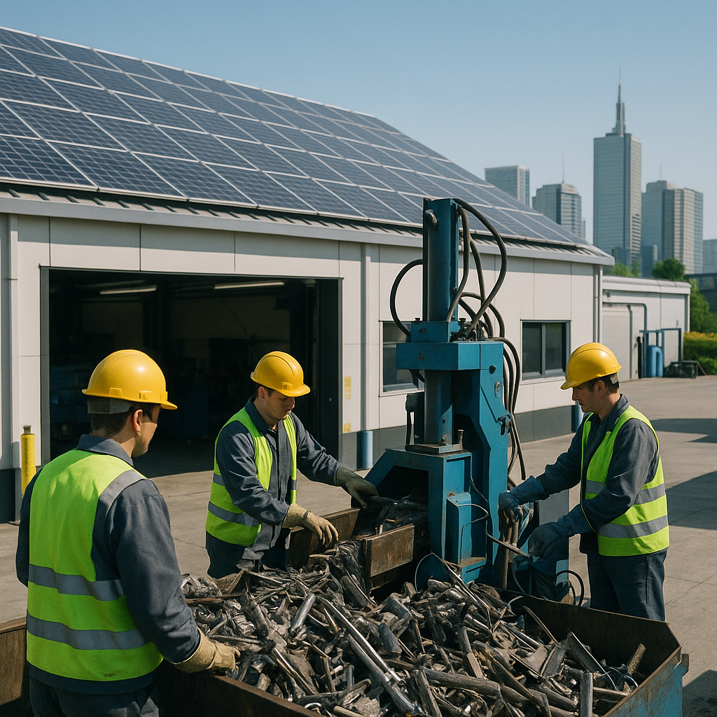 Modern recycling facility with solar panels and workers processing metal, city skyline in the background.