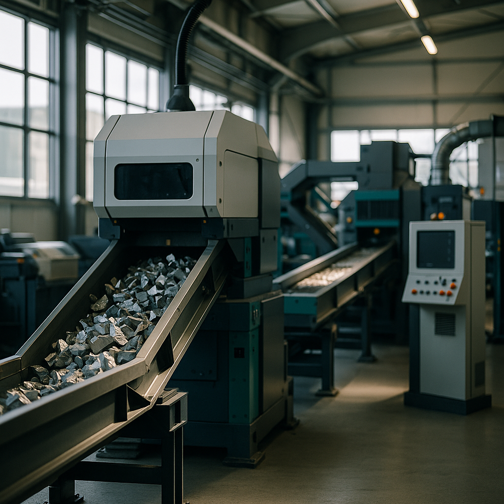 Modern recycling facility with advanced machinery sorting titanium scrap and sunlight streaming through large windows, creating a clean and futuristic atmosphere.