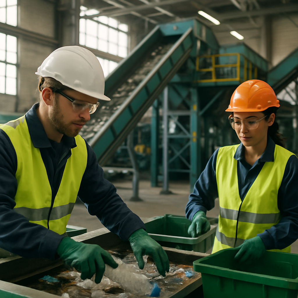 Modern recycling facility with advanced machines and technicians in a bright environment.