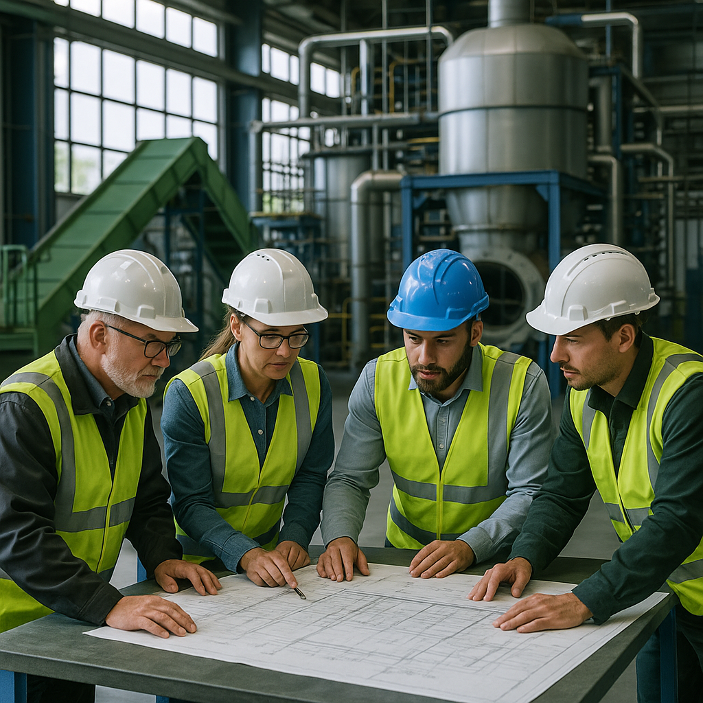 Engineers Collaborating at a State-of-the-Art Recycling Facility Modern recycling plant with advanced furnaces and clean technology, engineers discussing plans over blueprints