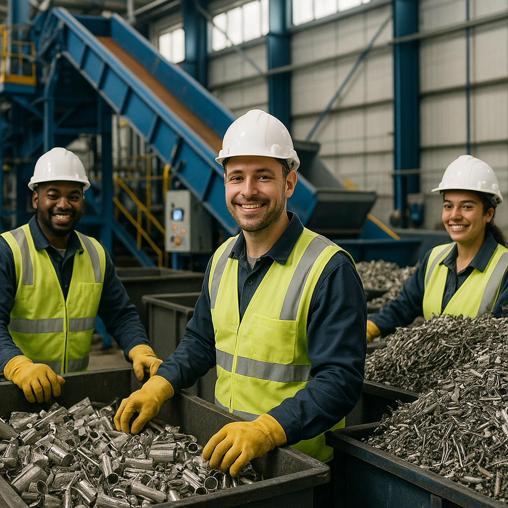 Modern recycling plant with advanced machinery and smiling workers overseeing sorted metal scrap in a bright and hopeful atmosphere.