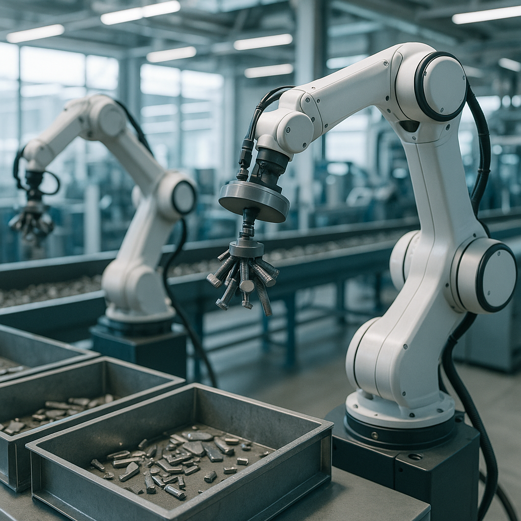 Modern recycling plant with robotic arms sorting metal in a clean and futuristic environment, highlighting innovation.
