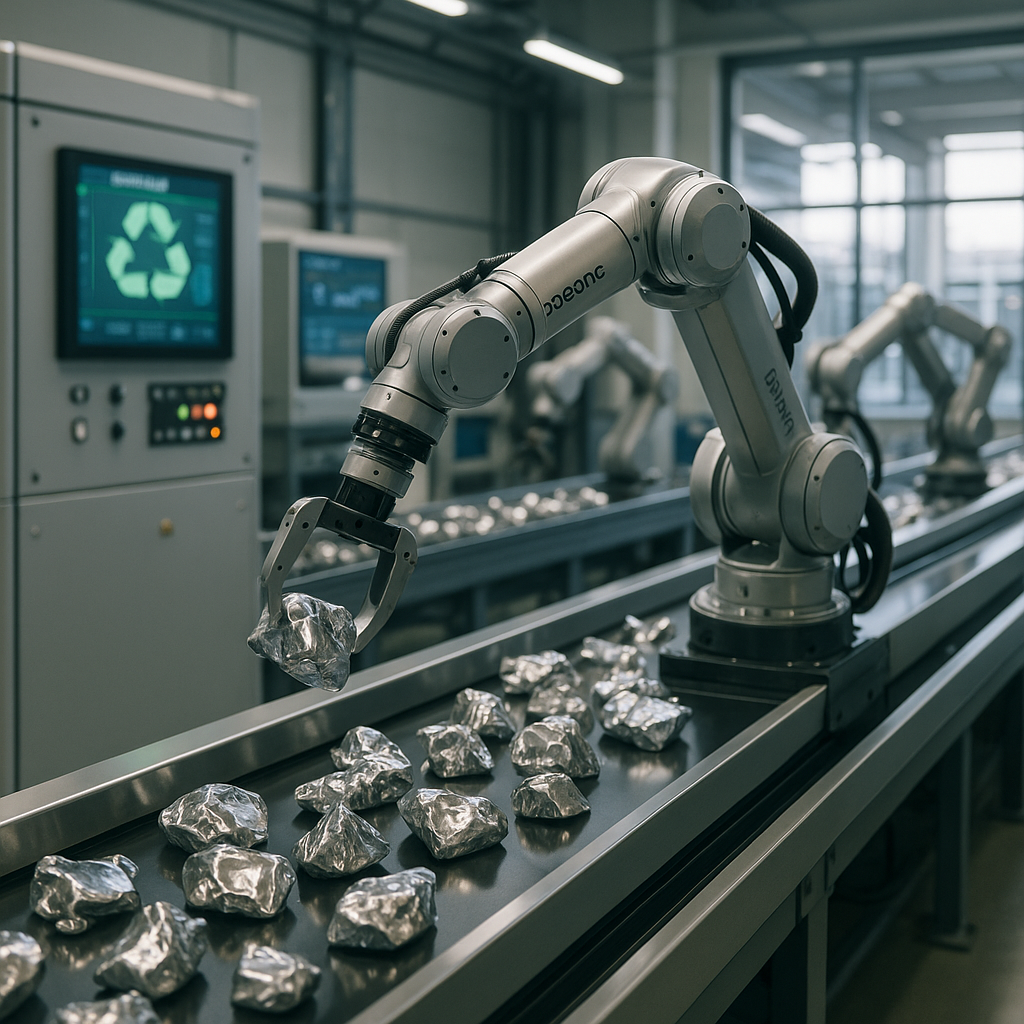 Modern recycling plant featuring advanced technology and robotic arms sorting shiny metal alloys in a clean and futuristic interior.