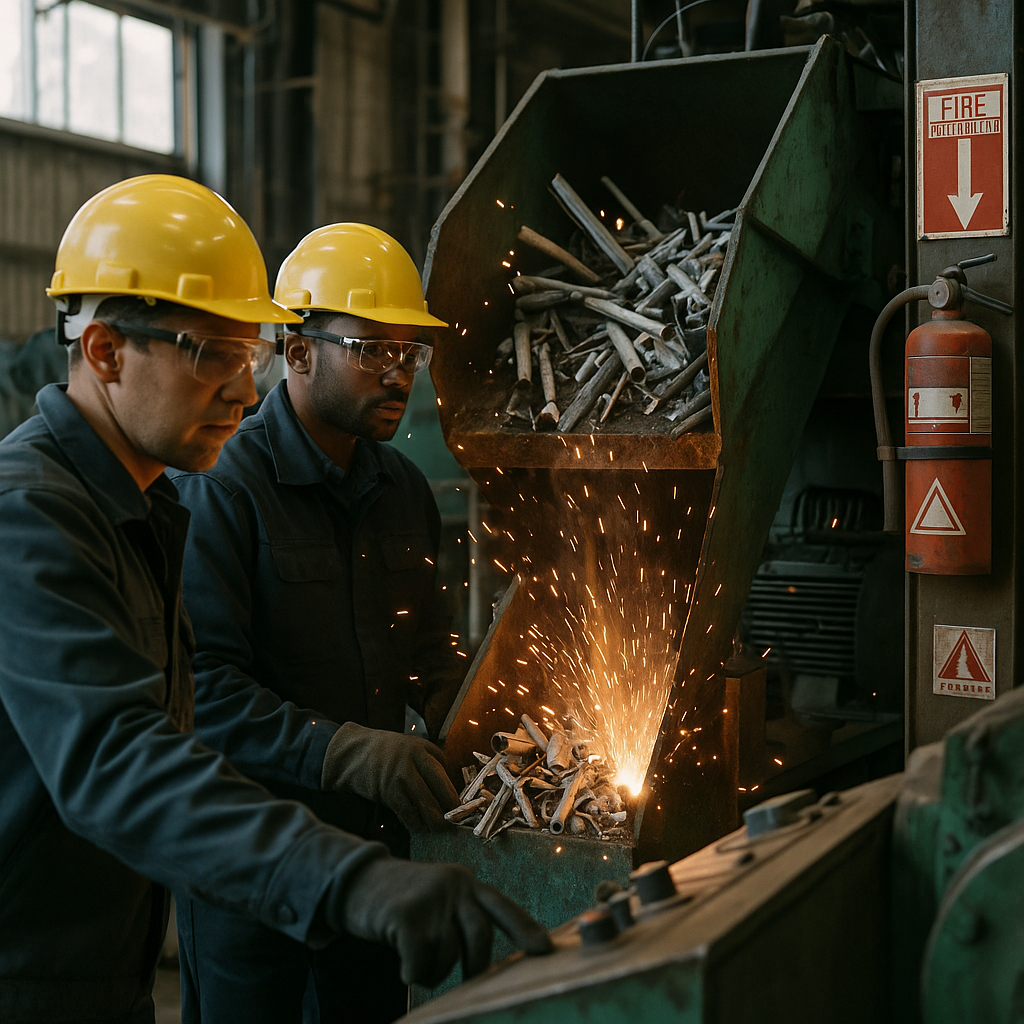 Workers operating machinery in a recycling plant with sparks flying as metal items are shredded and melted.