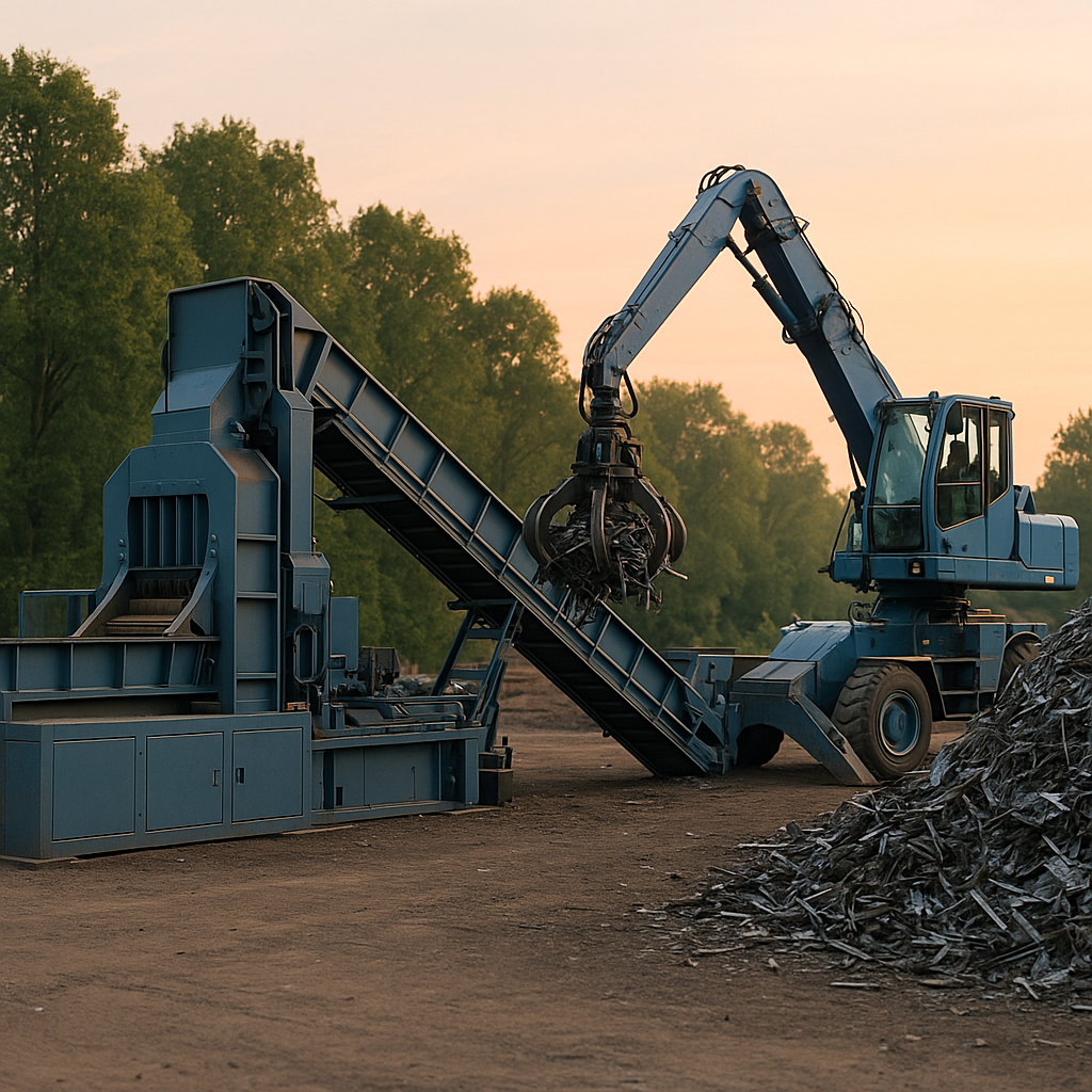 Modern steel recycling facility surrounded by green trees at sunrise symbolizing future progress.