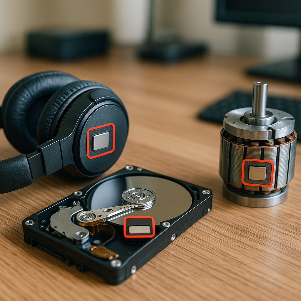 Modern Devices with Neodymium Magnets A variety of modern devices including headphones, a hard drive, and an electric motor part, each showcasing a highlighted neodymium magnet inside, set in a realistic desktop scene.