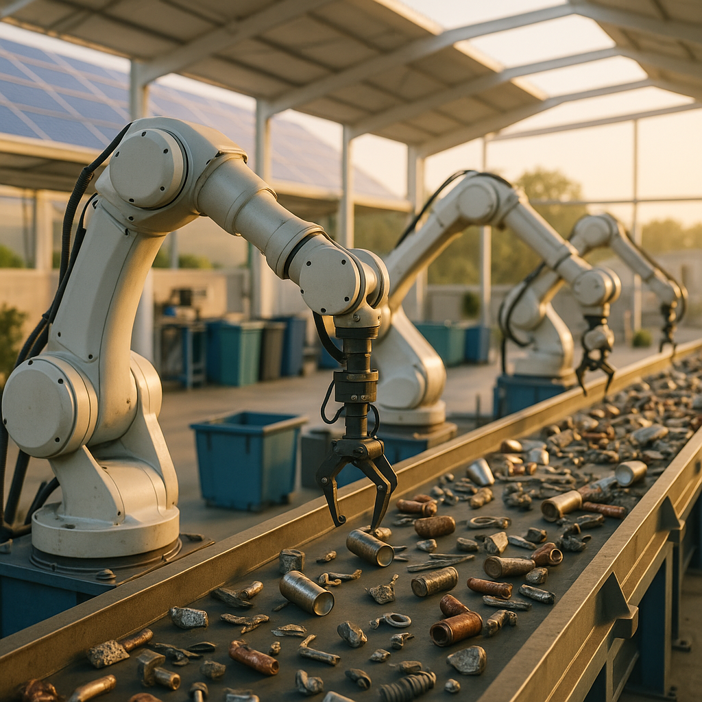 Modern recycling facility featuring advanced technology with robotic arms sorting metals, set in a clean and sustainable environment at sunrise.