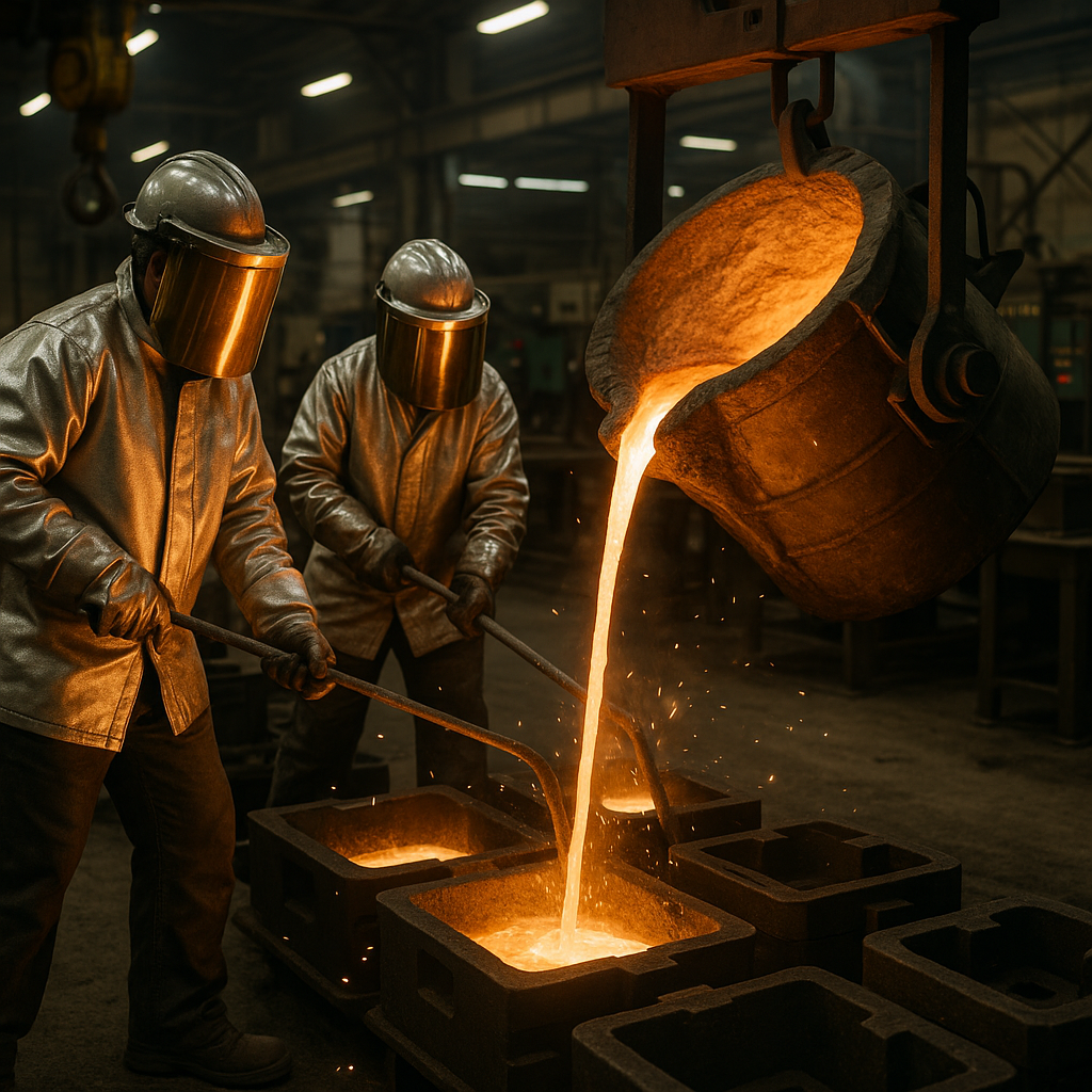 Molten Iron Pouring in Steel Foundry Molten iron pouring from a furnace into molds inside a steel foundry with sparks flying in the air.