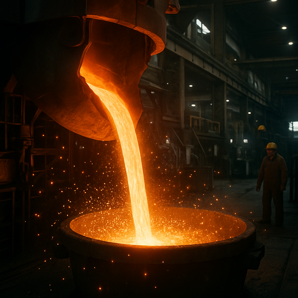 Glowing molten steel being poured from a large furnace in an industrial factory, surrounded by sparks and intense orange light.