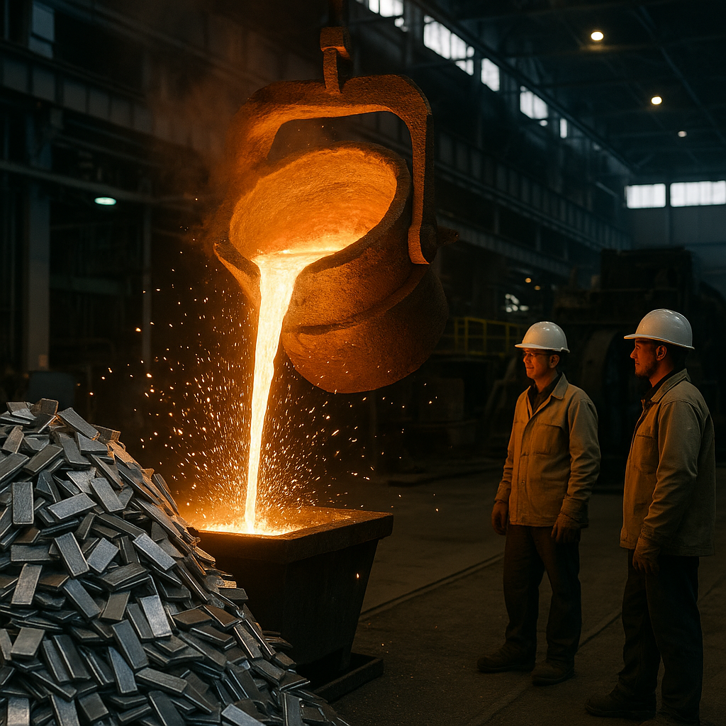 Molten steel being poured into a mold beside clean scrap metal with sparks flying in a modern steel mill, workers in safety uniforms present.