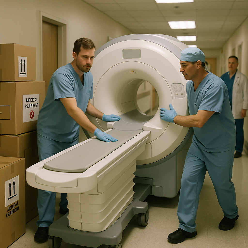 Movers transporting an MRI scanner through hospital corridors while hospital staff observe.