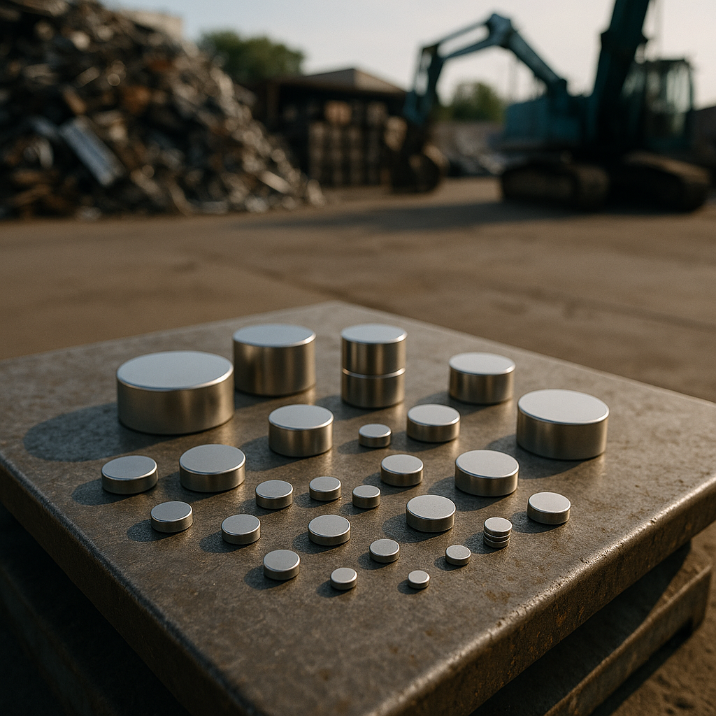 Various sizes of neodymium magnets scattered on a metal scale with an industrial recycling facility in the background.