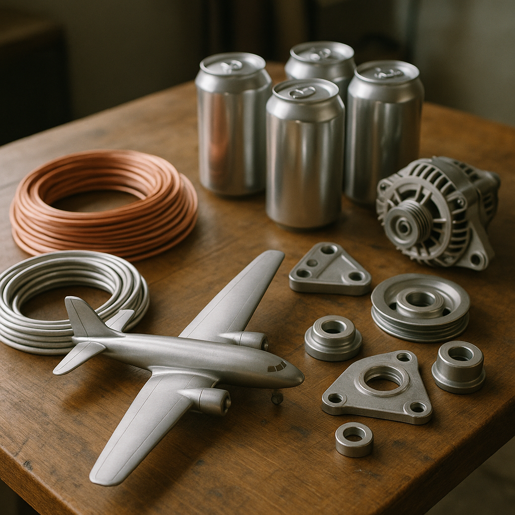 A variety of finished products made from non-ferrous metals displayed on a table, including an airplane model, electrical wires, aluminum cans, and car parts.