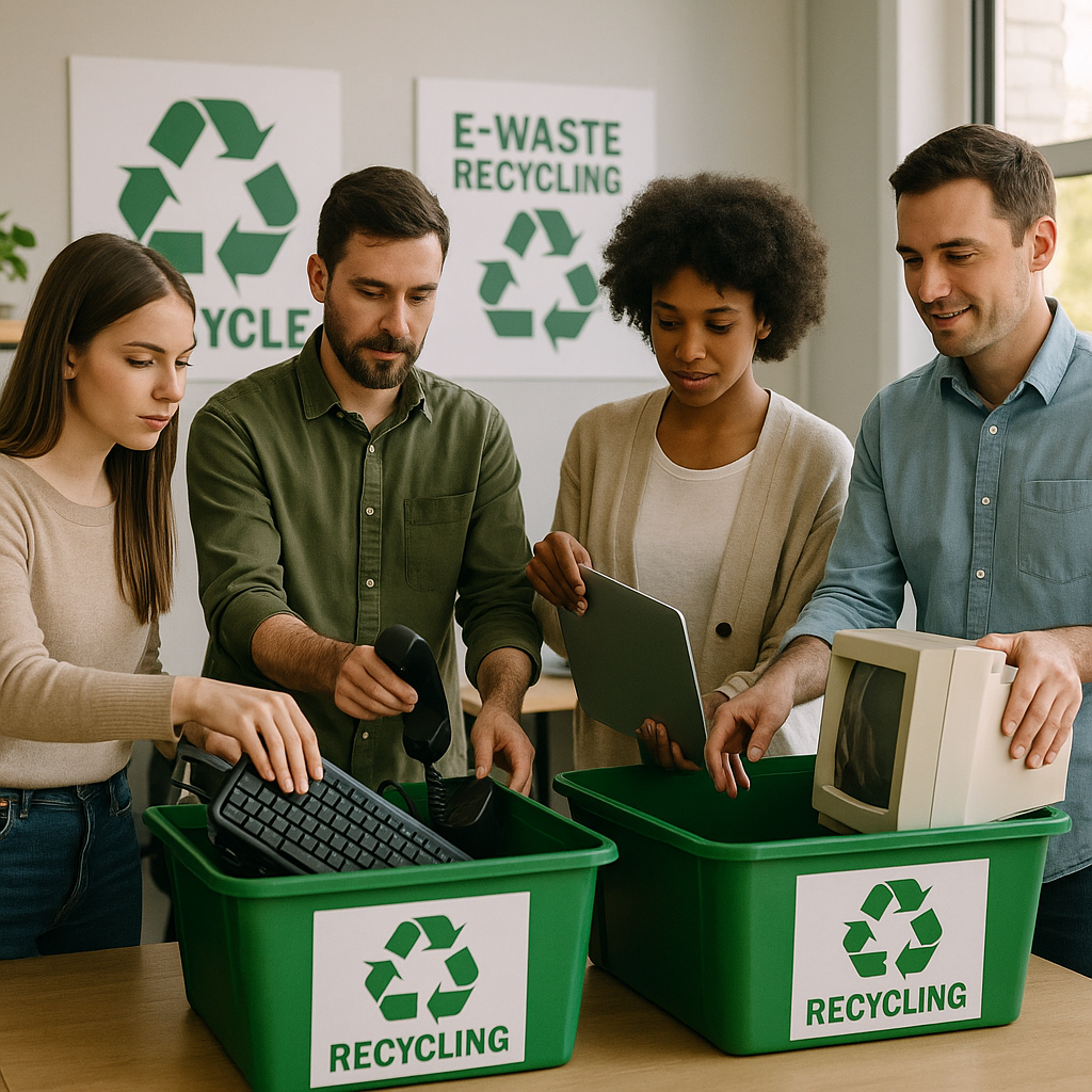 Office Team Recycling Used Electronics Office team collecting used electronics into labeled recycling bins in a brightly lit workspace with recycling posters on the walls.