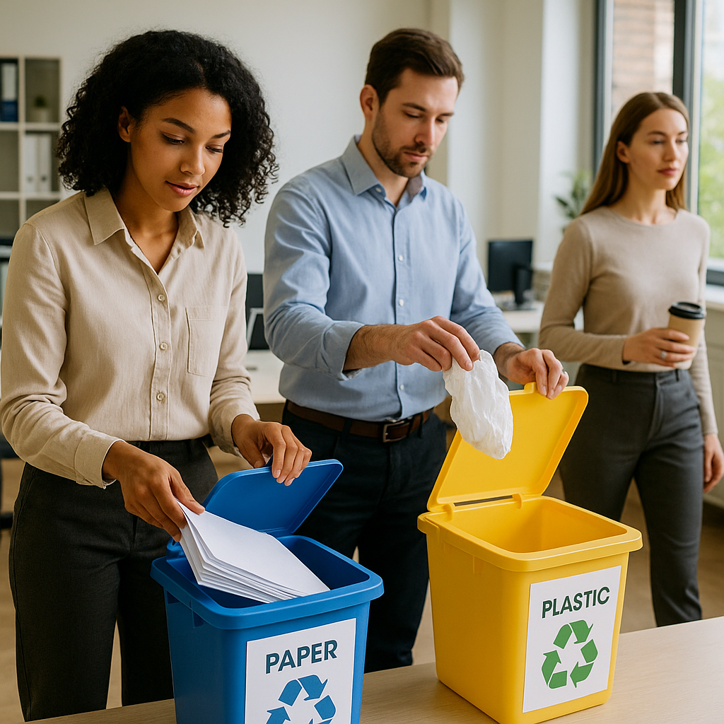 Office Recycling Initiatives Office workers placing paper and plastic into color-coded recycling bins with clear signage in a bright and organized workplace environment.