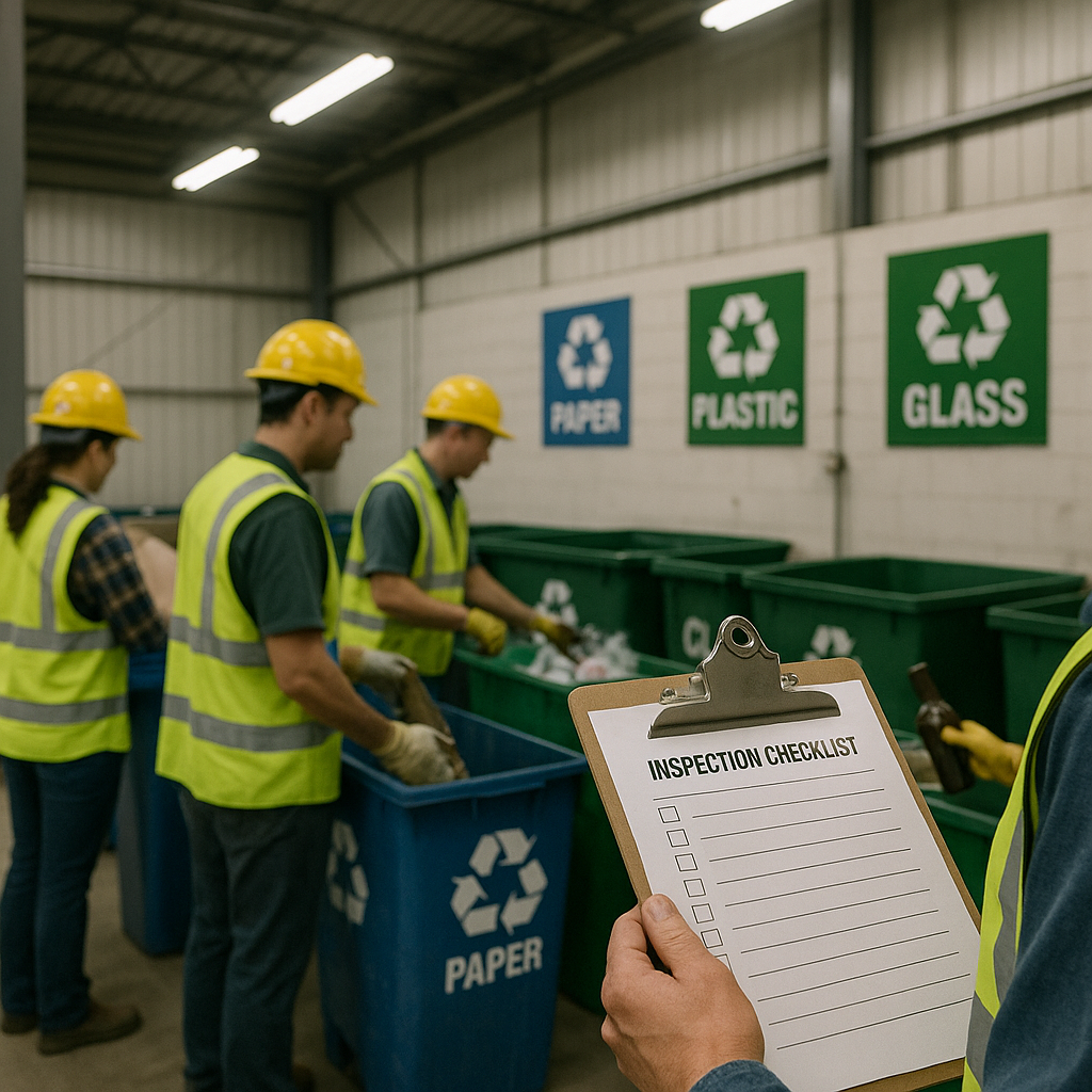 Organized Recycling Facility Workers in a clean and organized recycling facility, wearing safety vests, with sorted recycling streams and an inspection checklist.