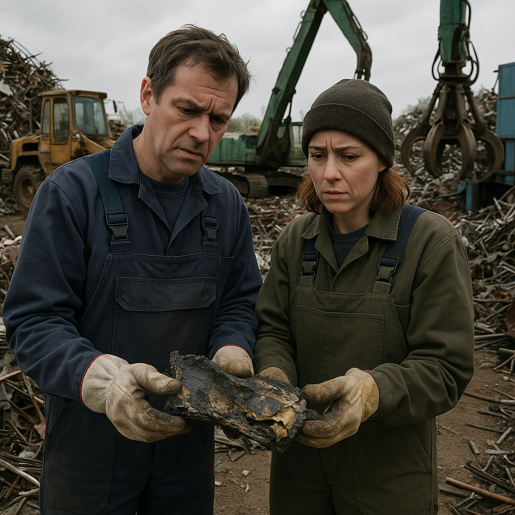 Overfilled Scrap Yard with Workers Overflowing scrap metal yard with old machinery and recycling equipment, concerned workers examining damaged materials under overcast weather.