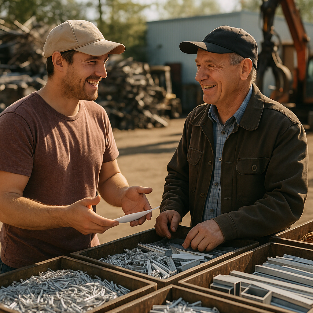 Person negotiating with scrapyard buyer, offering neatly sorted and clean metal scrap in containers, both smiling in a sunlit industrial setting.