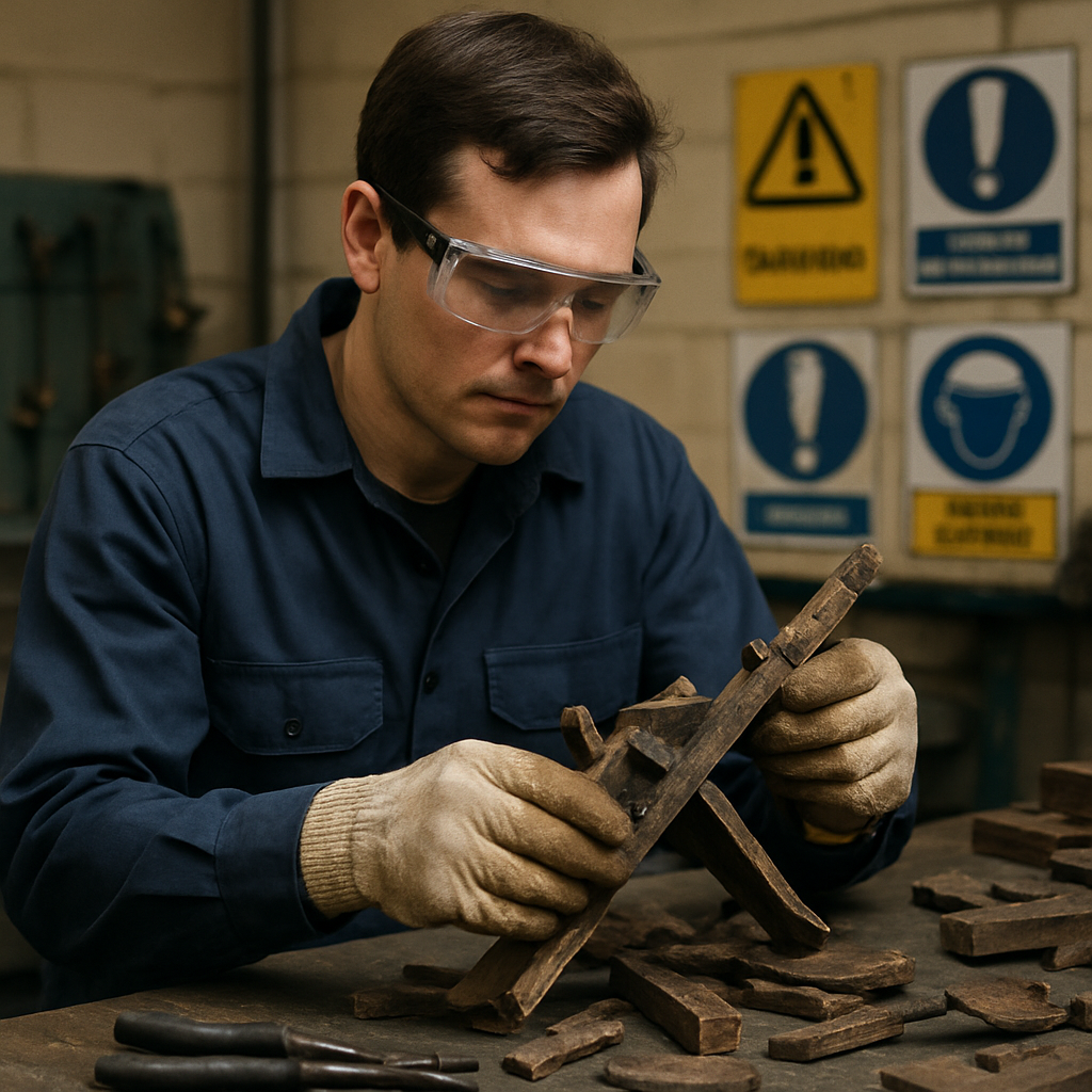 Worker Handling Scrap Metal Safely Person wearing safety goggles and gloves handling scrap metal with warning signs and safety posters in the background.