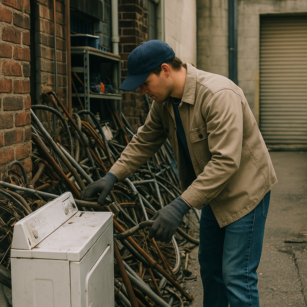A person searching for scrap metal among piles of discarded appliances, metal pipes, and bike frames in an urban alleyway.