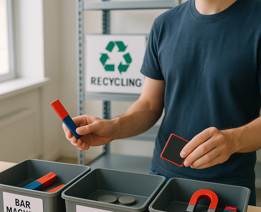 Person sorting various magnets into labeled bins for recycling