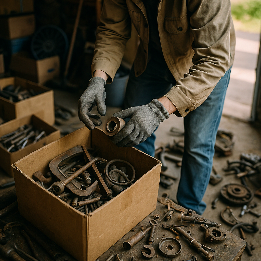 Person wearing gloves sorting through old metal objects in a garage, surrounded by boxes of tools and scrap metal, with natural light coming through an open door.