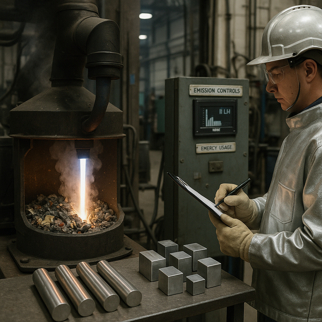 A contrast image showing a plasma arc furnace melting waste on one side and clean recovered metals on a table, while a technician inspects emission controls and notes energy usage in an industrial setting.