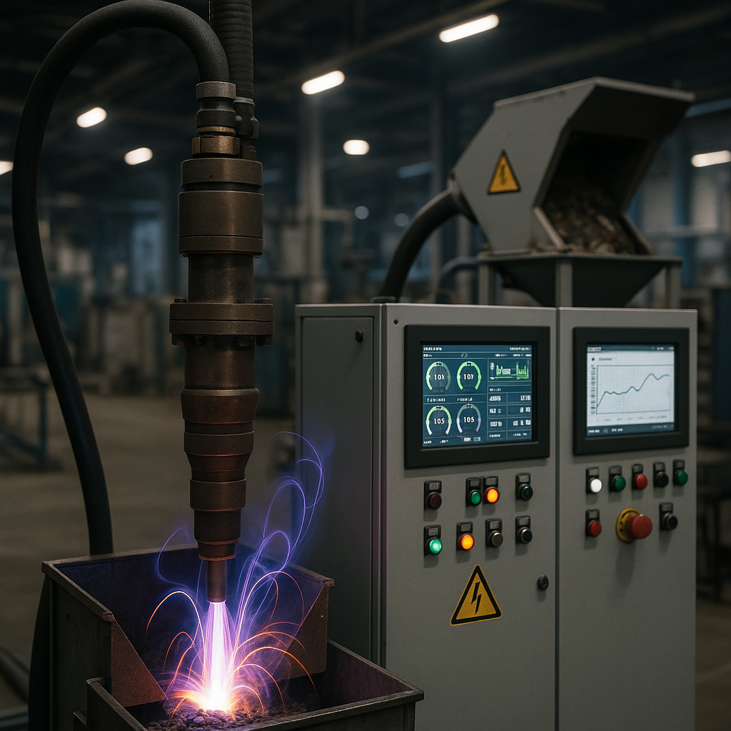 Close-up view of a modern plasma arc recycling setup with plasma torch and control panels.