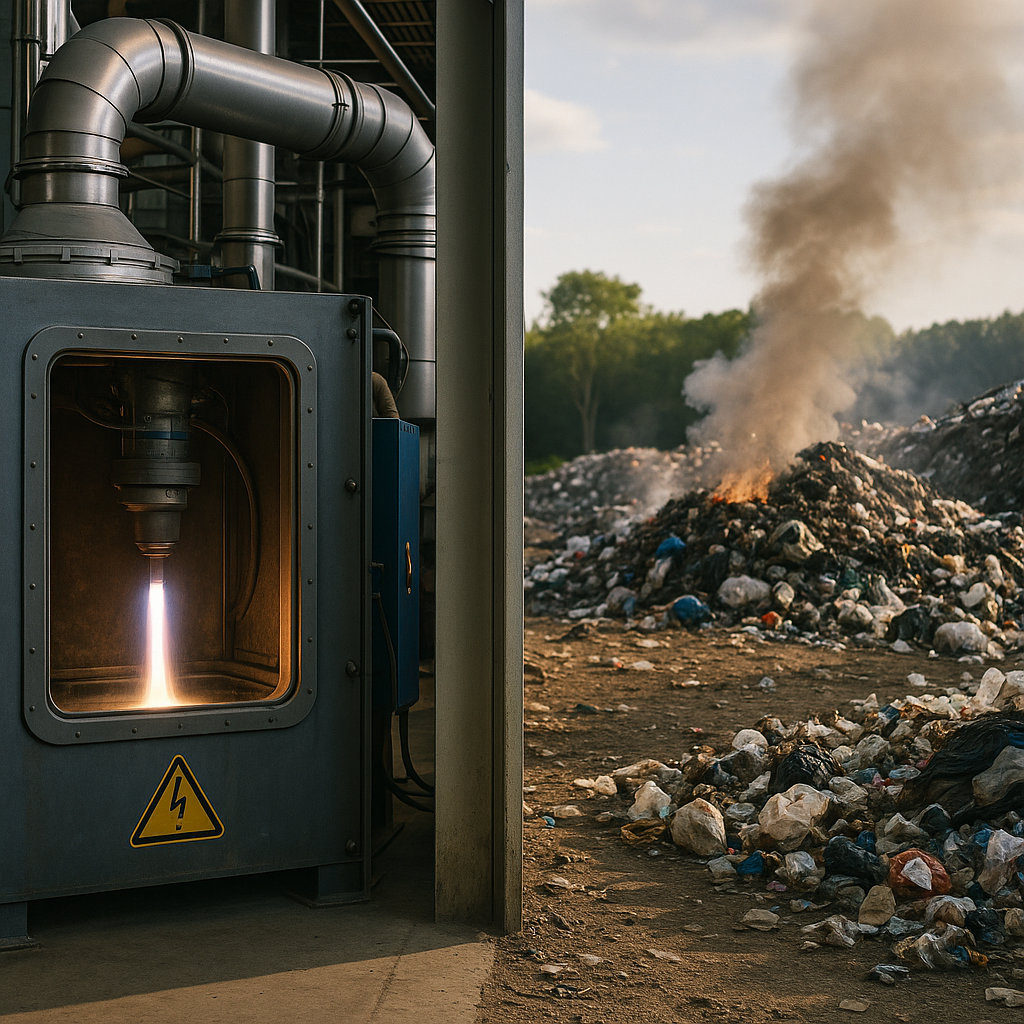 Side-by-side industrial facilities showing a plasma arc recycling plant on one side and a traditional landfill on the other, highlighting the contrast between modern recycling technology and waste management.