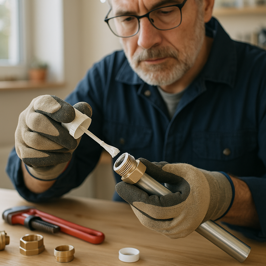 Experienced plumber applying thread sealant to a brass fitting before attaching it to a stainless steel pipe in a clean workspace.