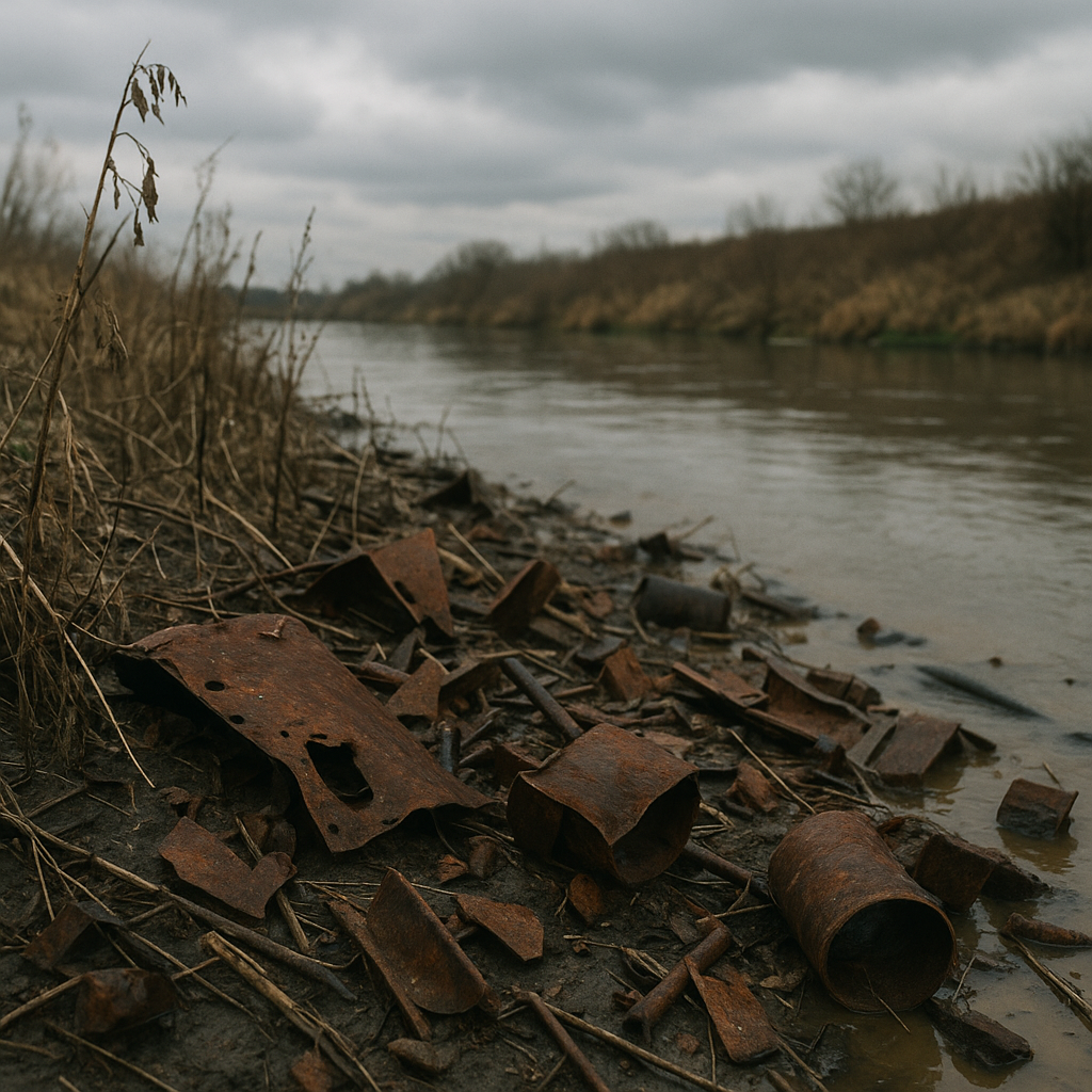 Polluted riverbank littered with rusty metal debris, dead plants, and discolored water under a cloudy sky.