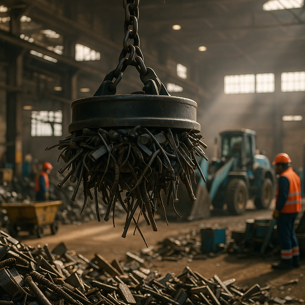 A powerful magnet lifting a bundle of scrap metal in a busy recycling center with workers and machinery, sunlight streaming through industrial windows.
