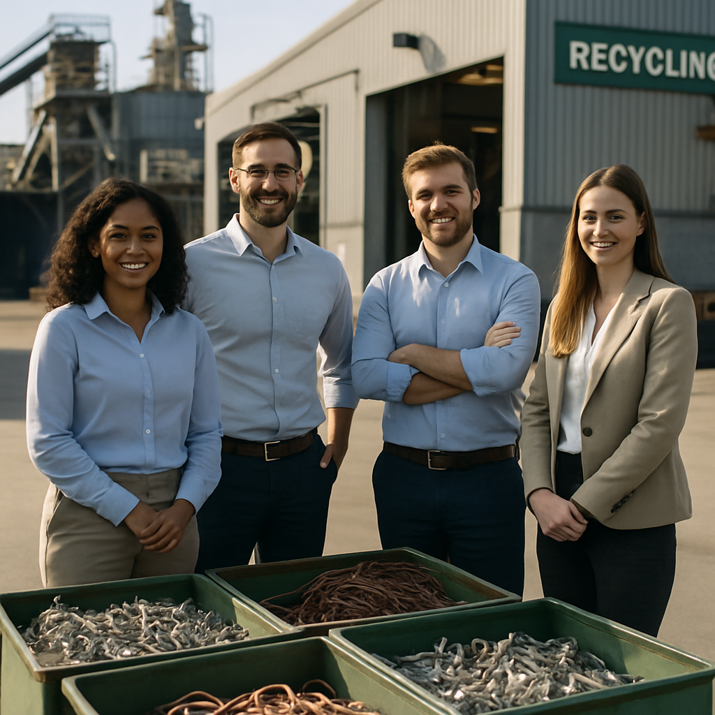 Group of professionals standing near collection bins for sorted metals with a modern recycling plant in the background, conveying an optimistic atmosphere.