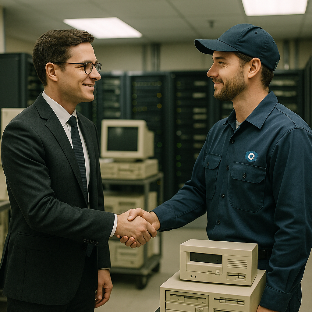Handshake in Server Room Two professionals shaking hands in a server room with old computer equipment on carts.