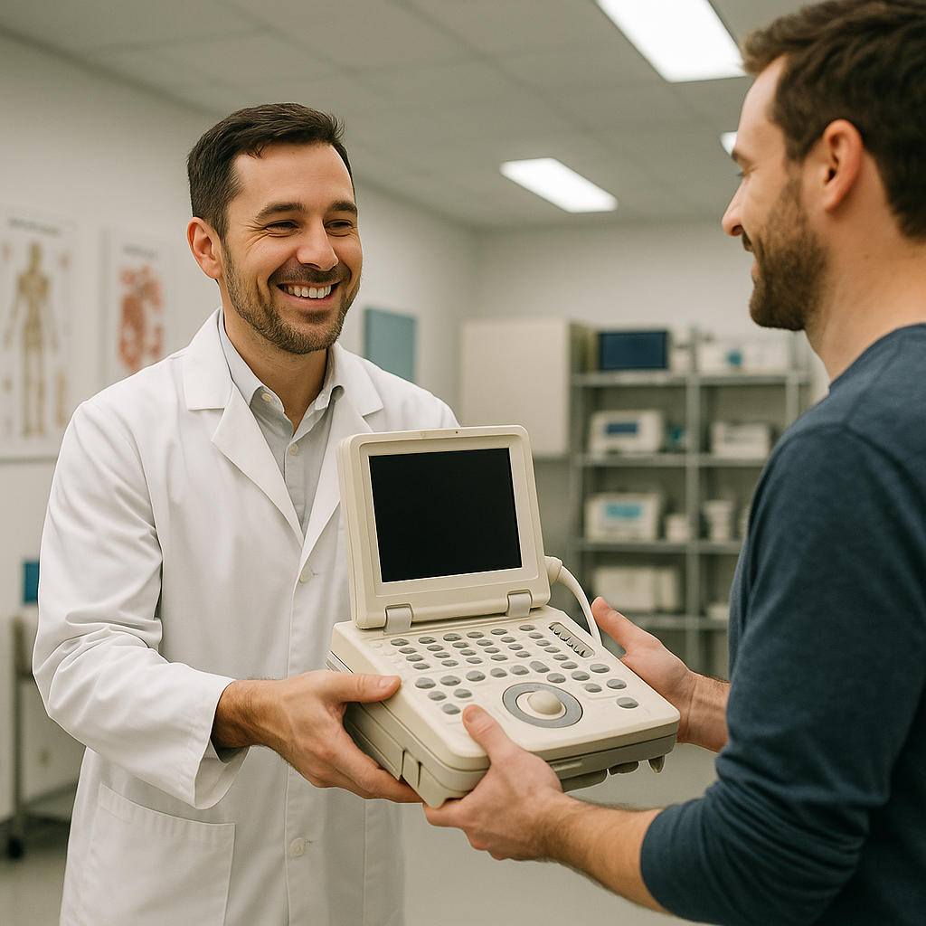 Radiology Technician and Medical Imaging Device Transaction Radiology technician smiling while handing over a gently used medical imaging device to a satisfied buyer in a clean clinical setting.