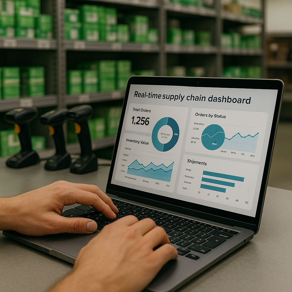Real-Time Supply Chain Dashboard Hands using a laptop displaying a real-time supply chain dashboard, with shelves and barcode scanners in the background and green products.