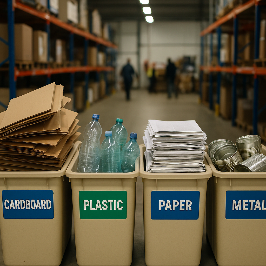 Sorted Recyclable Materials in Warehouse A diverse collection of recyclable materials sorted in labeled bins, including cardboard boxes, plastic bottles, paper stacks, and metal cans.