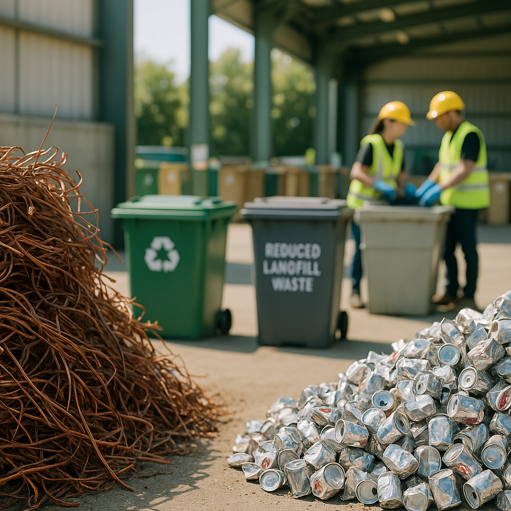 A pile of recycled copper and aluminum next to reduced landfill waste, illustrating a clean environment in a sunlit recycling facility.