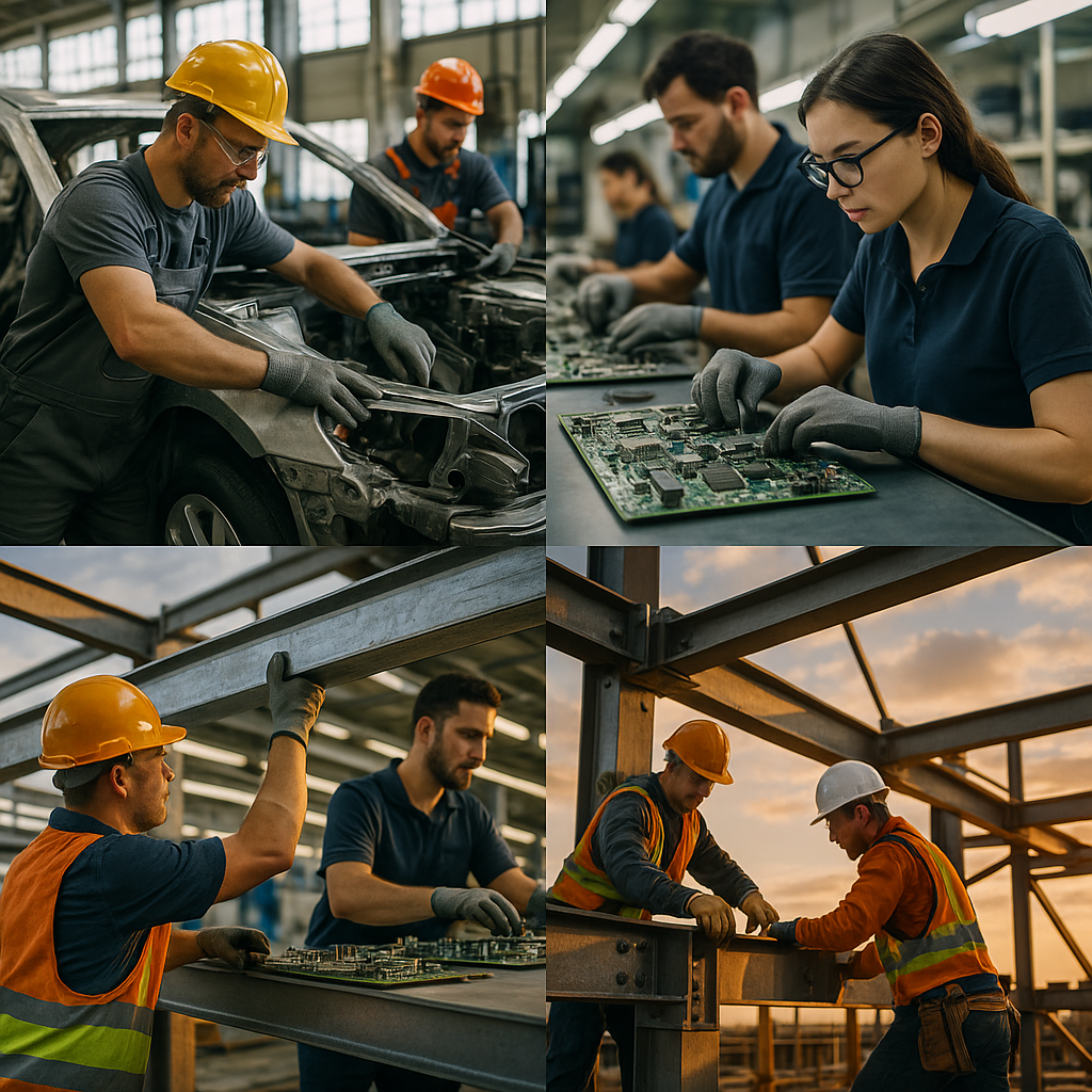 Collage of scenes depicting a car manufacturing plant, electronics assembly, and a construction site with steel beams, highlighting the use of recycled metals in a realistic style.