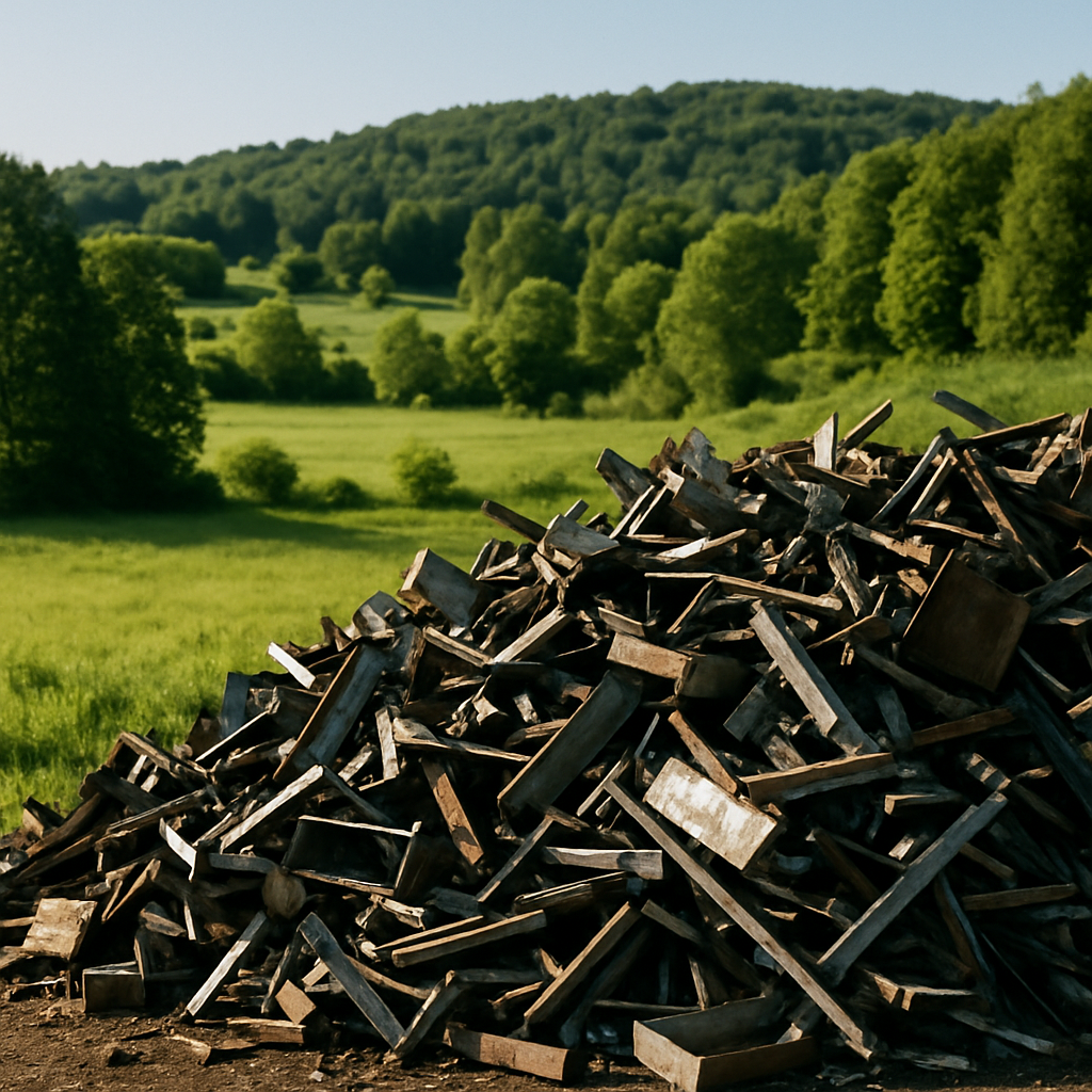 Lush green landscape with a pile of recycled steel in the foreground and a smoke-free sky, symbolizing a clean environment and metal reuse.