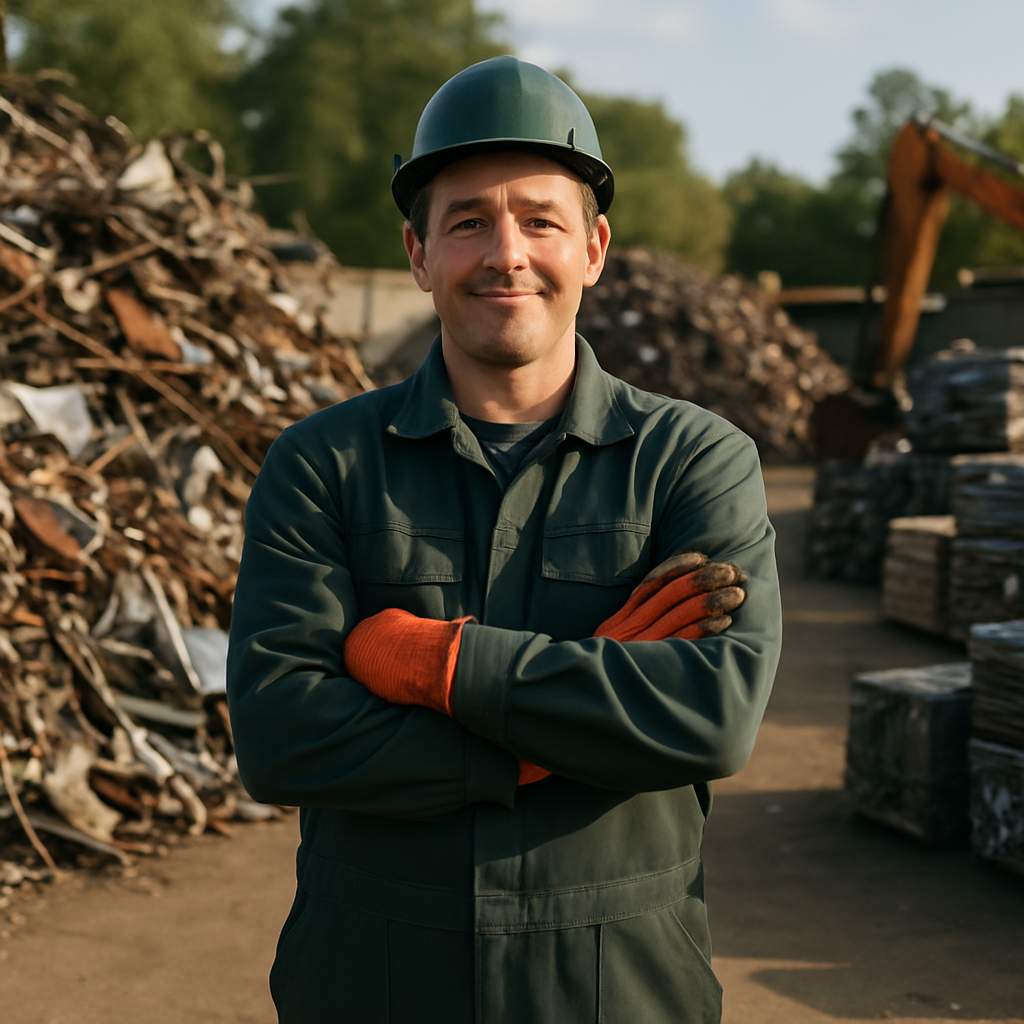 Recycler proudly standing beside well-organized scrap metal piles at an outdoor recycling facility, conveying a sense of achievement.