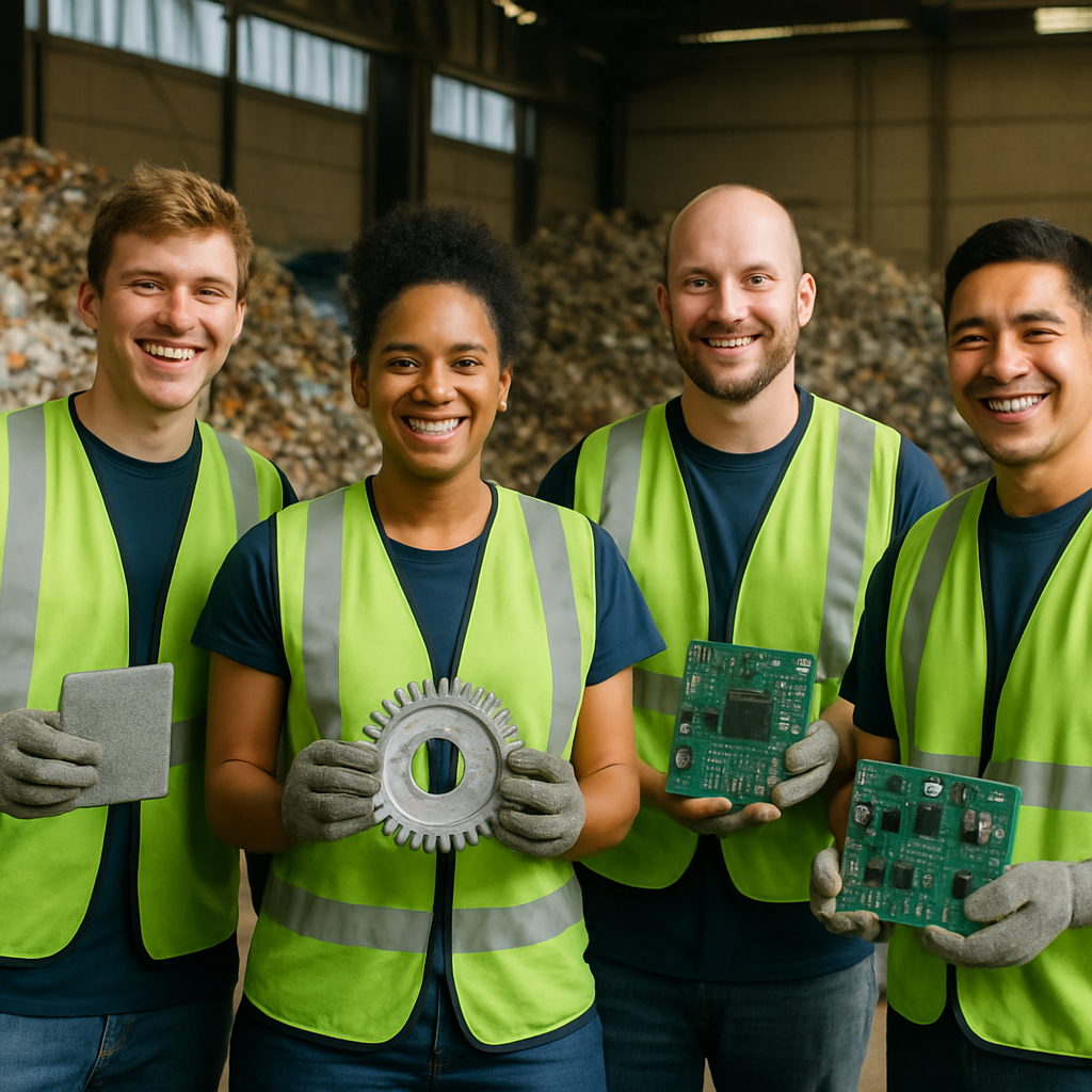 Sorted piles of recovered metal and electronics in a recycling center with happy workers showing samples of reclaimed materials.