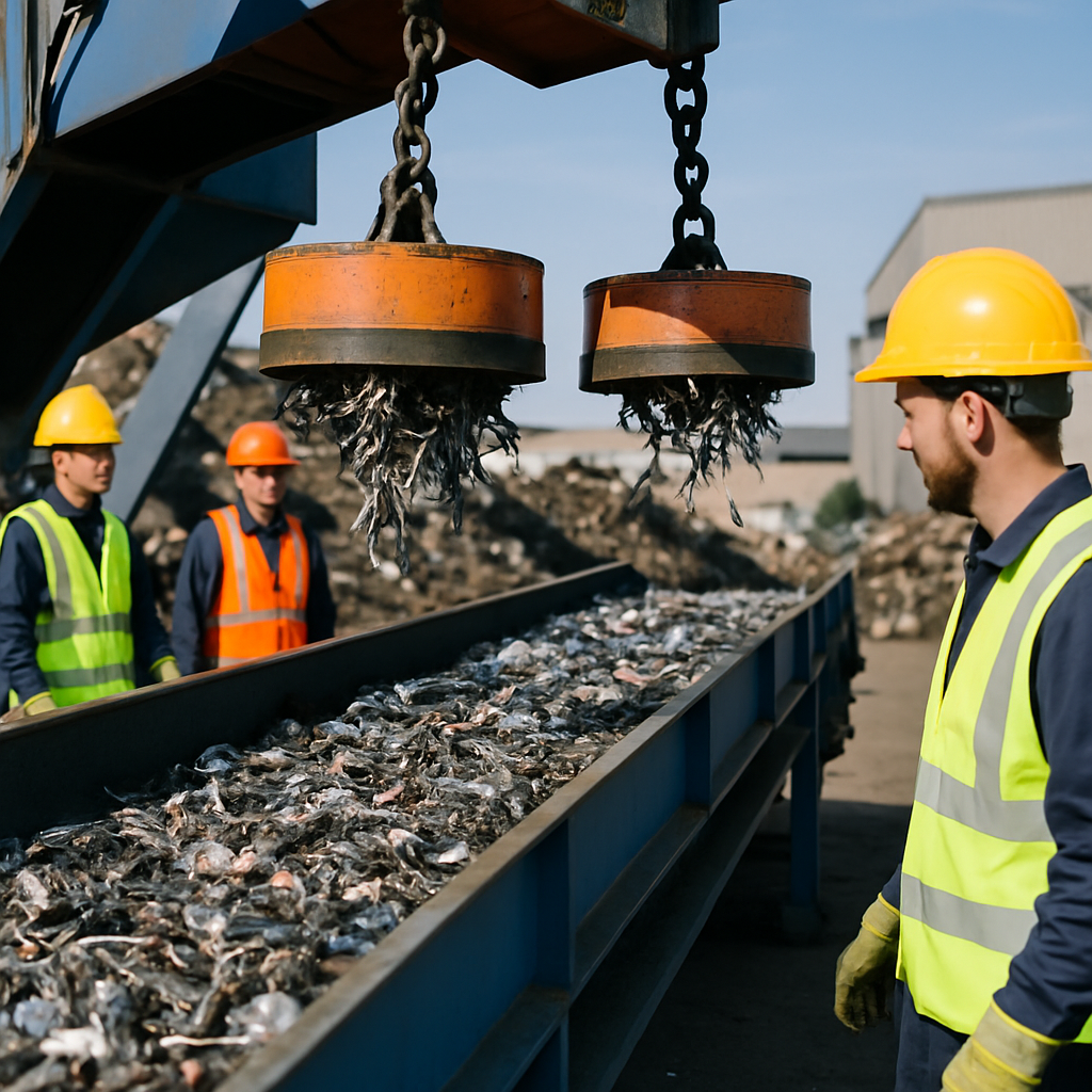 Recycling Facility with Metal Sorting A recycling facility with magnets separating metals and conveyor belts moving clean sorted scrap, overseen by workers under a clear sky.