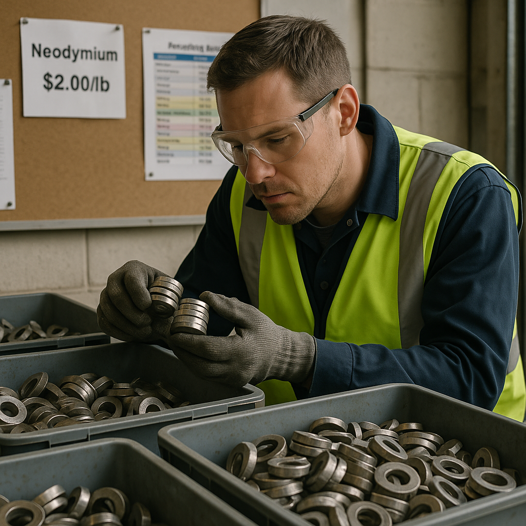 Worker Inspecting Used Neodymium Magnets in Recycling Facility Worker inspecting bins filled with used neodymium magnets in a recycling facility